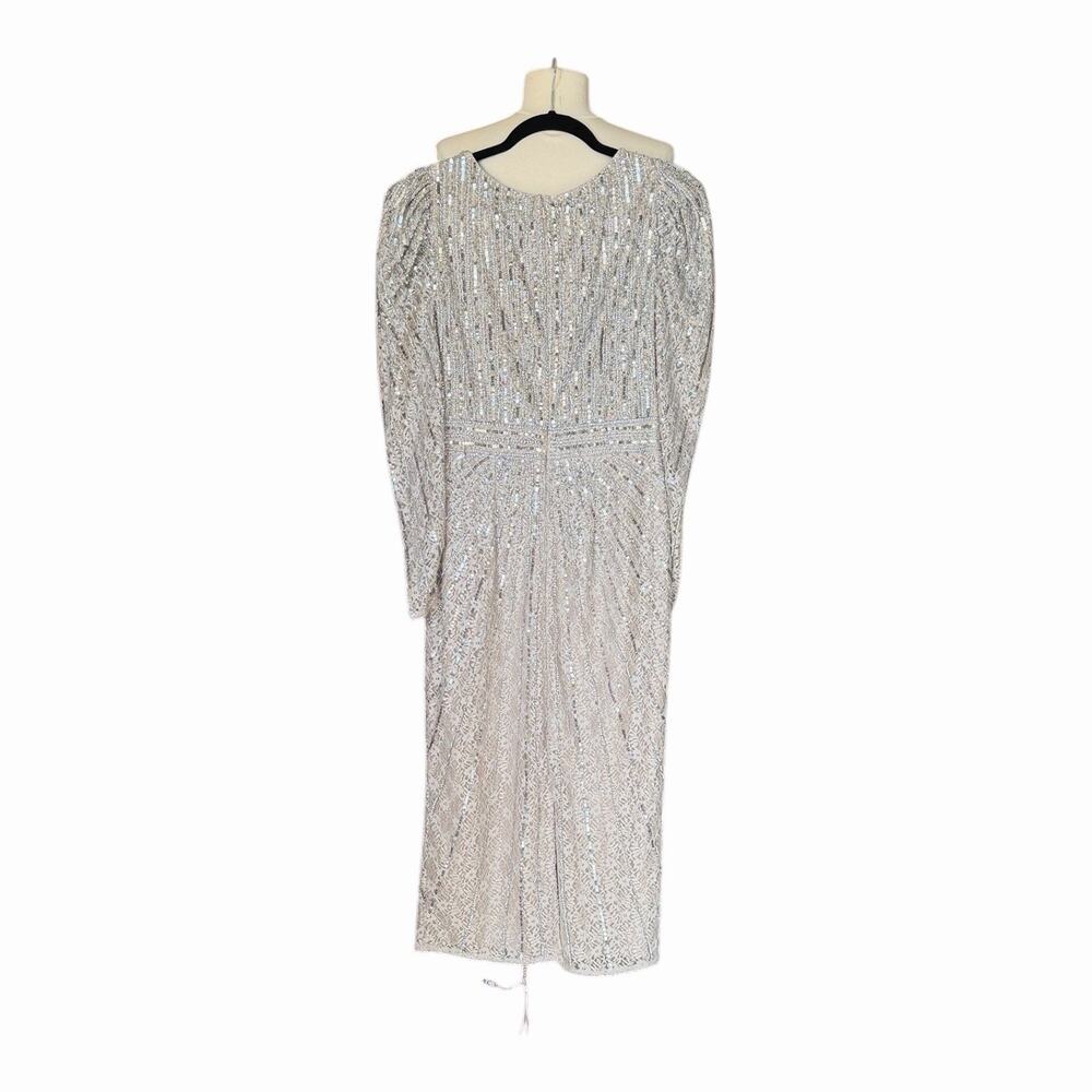 Mac Duggal 93676 Midi Dress Beaded V-Neck Long Sleeve Taupe Sequin Size 6 - Picture 5 of 14